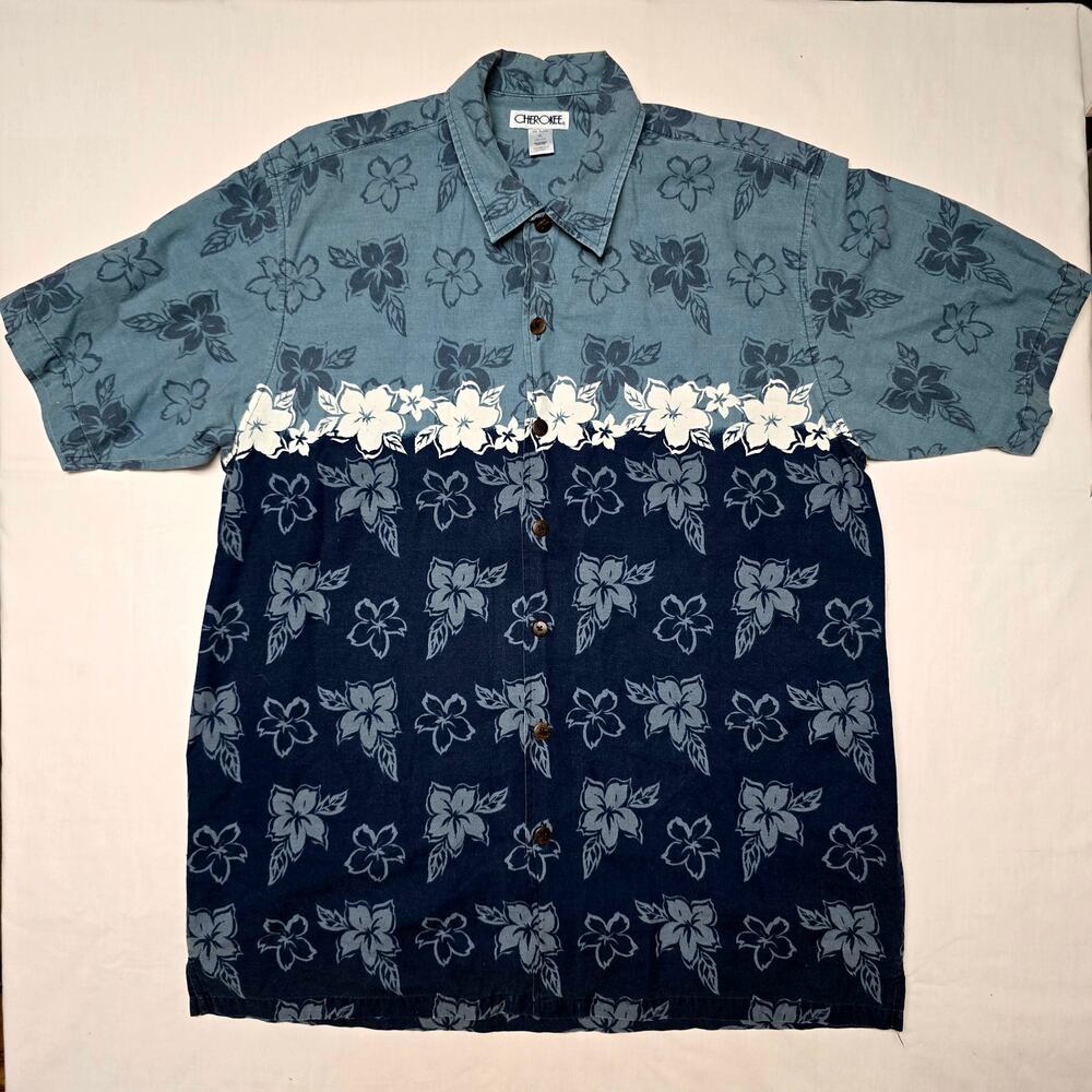 Floral Hawiian Shirt Cherokee Mens Xl Flower Tropical Beach Blue Button Up